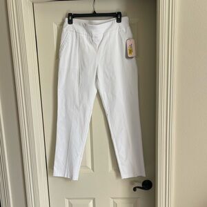 Allison Daley Stretch Pull on straight leg White Pants. Tech stretch. 8 petite